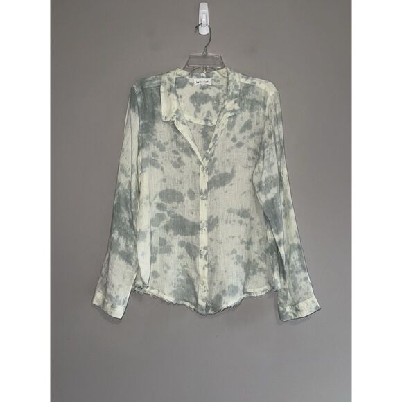 Bella Dahl 100% Linen Top Tie Dye Button Down Shirt Raw Fringe Hem Watercolor L - Picture 3 of 16
